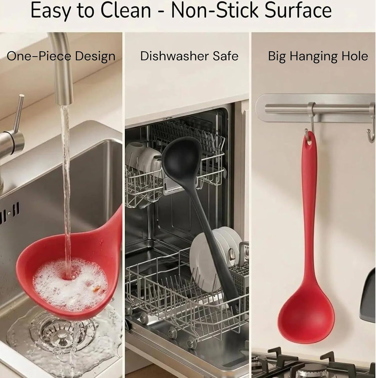 12" Silicone Ladle Spoon Set of 2, Long handle soup spoons Seamless & Nonstick, Heat resistant 600 °F Kitchen Soup Ladles for Cooking.