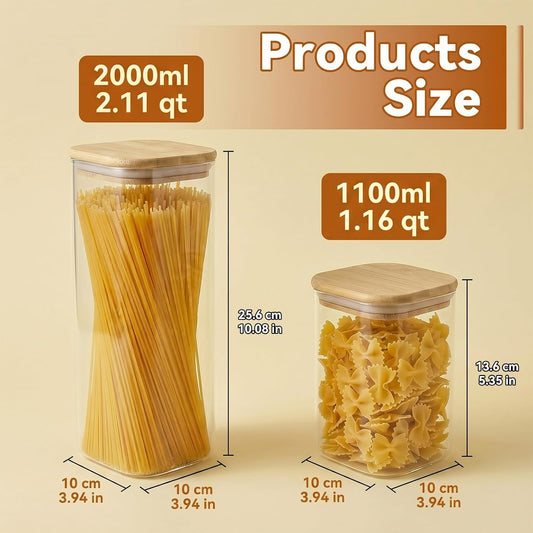 2PCS Glass Storage Containers with Lids, Airtight Pantry Storage Containers Glass Jars Kitchen Canisters, Flour Sugar Coffee Food Storage Dishwasher Safe (1.16Qt*1/2.11Qt*1)
