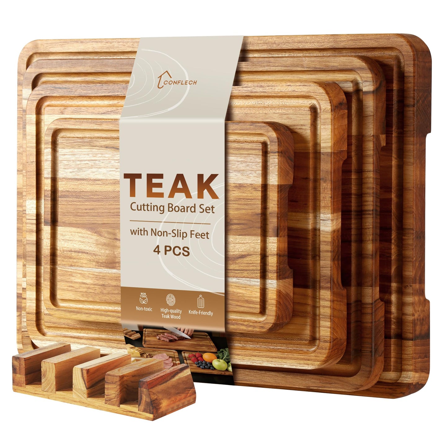 3 Pack Teak Cutting Board Set for Kitchen Wood Charcuterie Board with Juice Groove Wooden Cutting Boards Non Toxic Heavy Duty Slip Over Sink Solid Thick Chopping Board FSC