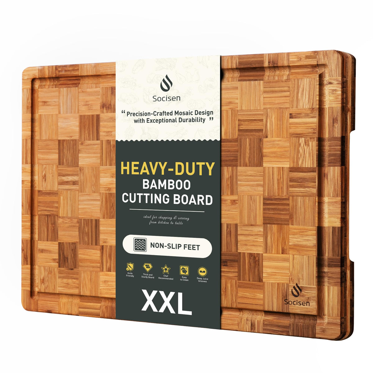3 Pack Heavy Duty Bamboo Cutting Board Set Non Toxic Wooden Cutting Board for Kitchen Non Slip Solid End Grain Thick Wood Juice Groove Chopping Board Extra Large Butcher Block Best House Warming Gift
