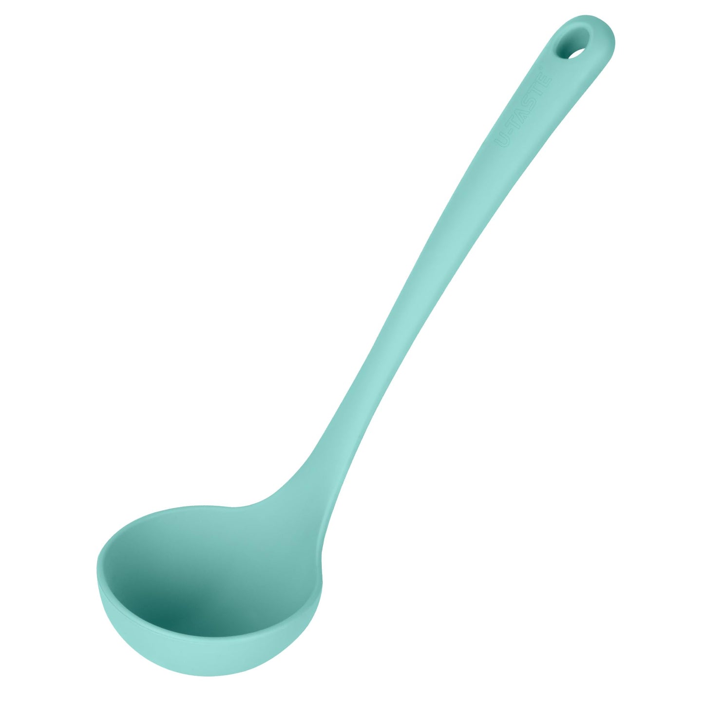 13 inch Silicone Soup Ladle: U-Taste 600ºF Heat Resistant 4 oz Large Non-stick Seamless Rubber Kitchen Deep Serving Spoon with Non-slip Solid Long Handle for Cooking Sauce/Stews/Gravies (Aqua Sky)