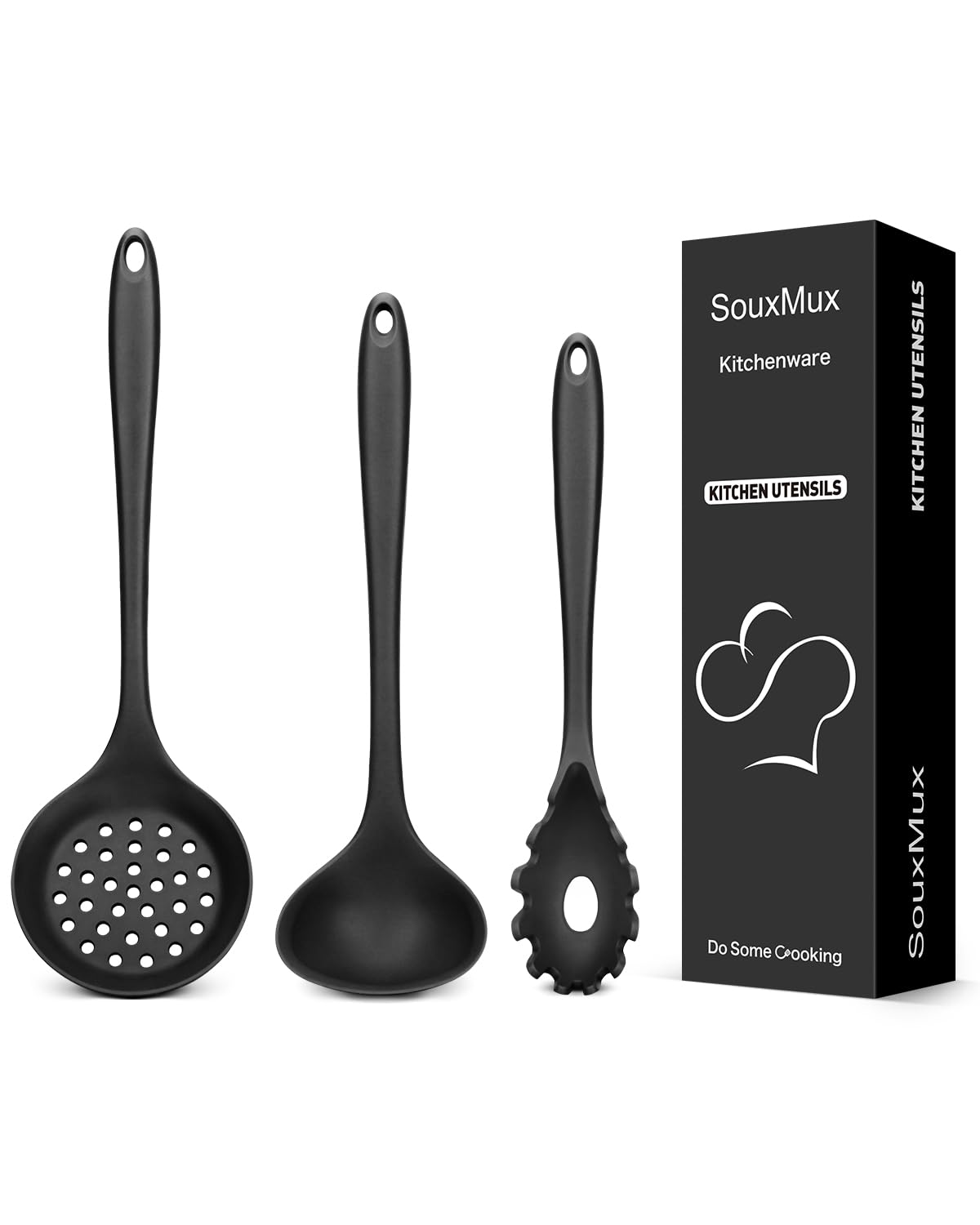 3 Pcs Silicone Kitchen Utensils Set, Soup Ladle-Pasta Fork-Slottede Spoon, Nonstick BPA Free High Heat Resistant Cooking Utensils for Mixing, Serving, Draining, Turning, Stirring