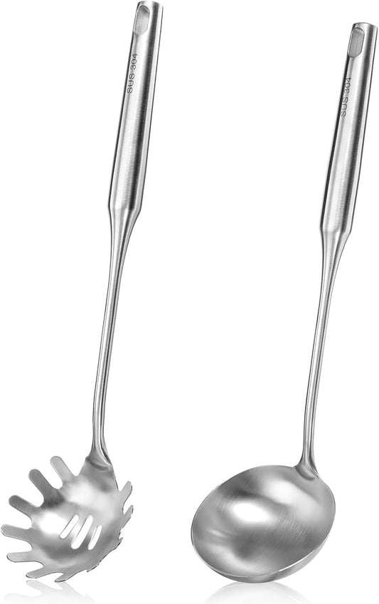 304 Stainless Steel Soup Ladle and Spaghetti Spoon Set, Large Ladle Spoon, Pasta Strainer, Thickened Metal SoupLadle and Spaghetti Spoons for Cooking, Stirring, Serving Pasta, Soup and Sauce