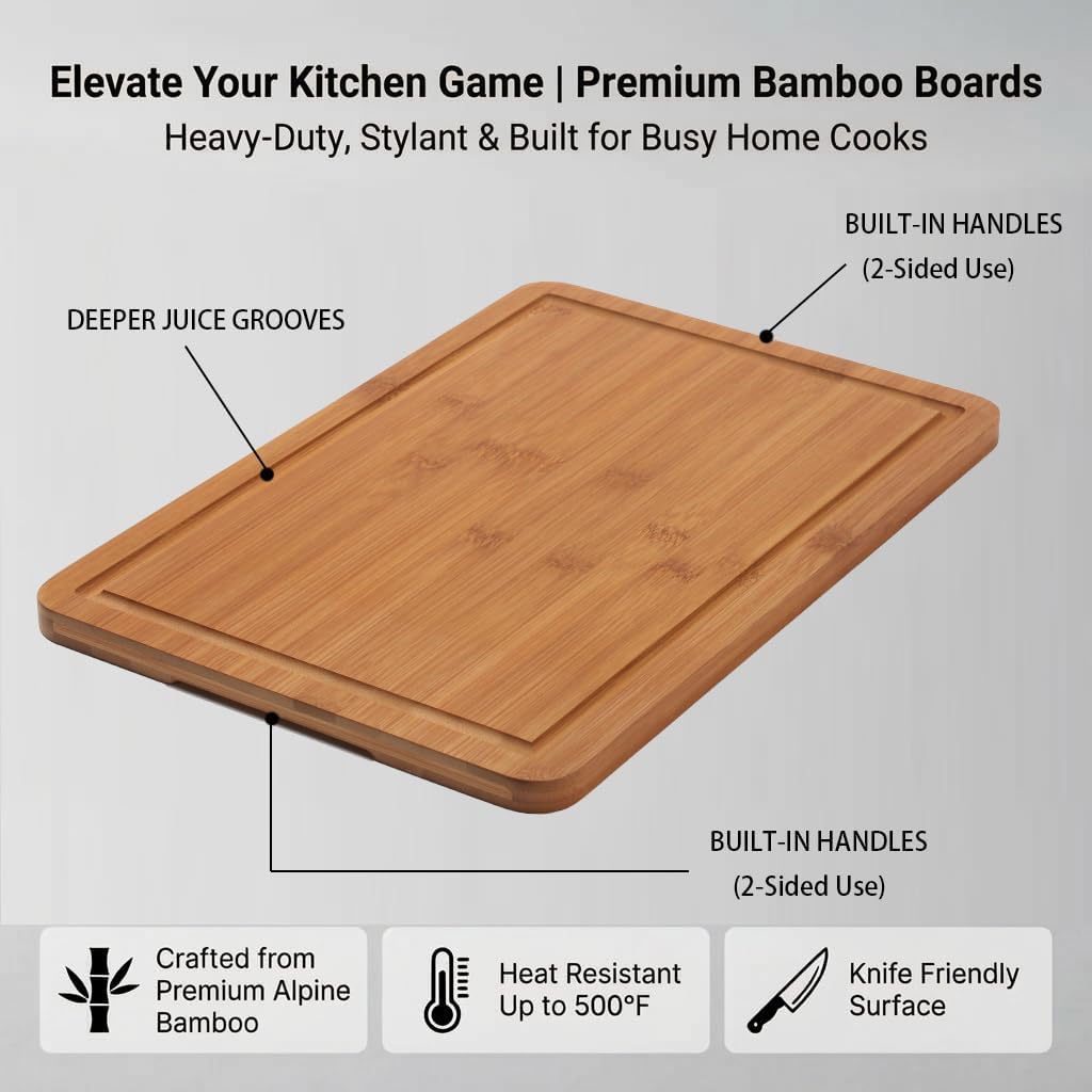 3-Piece Deep Carbonized Bamboo Cutting Board Set with Vertical Drying Stand | Wooden Chopping Boards for Kitchen | Extra Deep Juice Grooves & Easy-Carry Side Handles | Gift-Ready