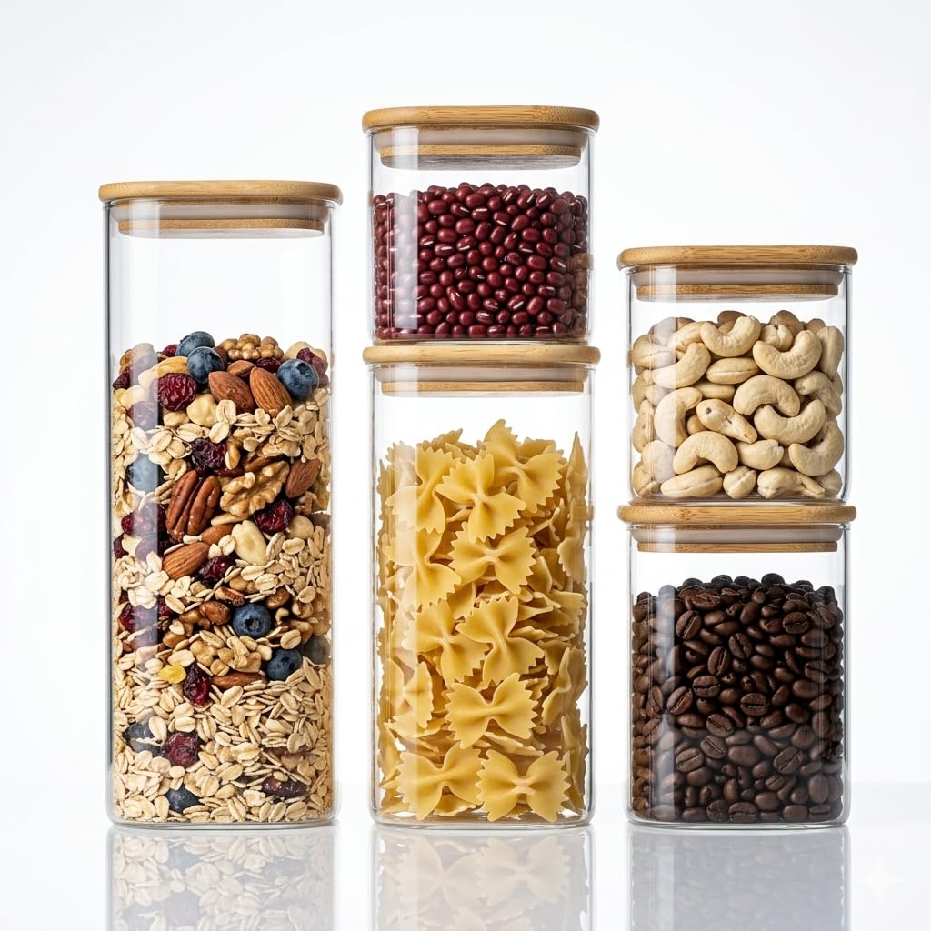 2PCS Glass Storage Containers with Lids, Airtight Pantry Storage Containers Glass Jars Kitchen Canisters, Flour Sugar Coffee Food Storage Dishwasher Safe (1.16Qt*1/2.11Qt*1)