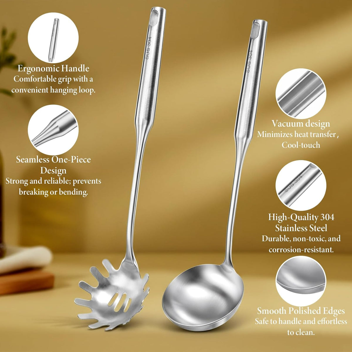 304 Stainless Steel Soup Ladle and Spaghetti Spoon Set, Large Ladle Spoon, Pasta Strainer, Thickened Metal SoupLadle and Spaghetti Spoons for Cooking, Stirring, Serving Pasta, Soup and Sauce
