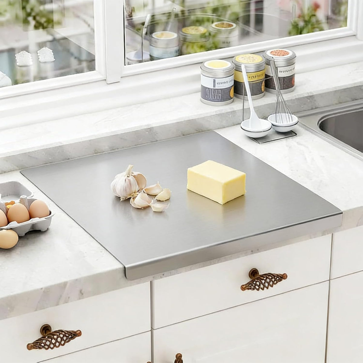 16 × 11 Inch Stainless Steel Cutting Board for Kitchen, Metal Cutting Board Lip Non-Slip Dishwasher Safe Double-Sided Use for Suitable for Meat, Fruits, Vegetables, Bread
