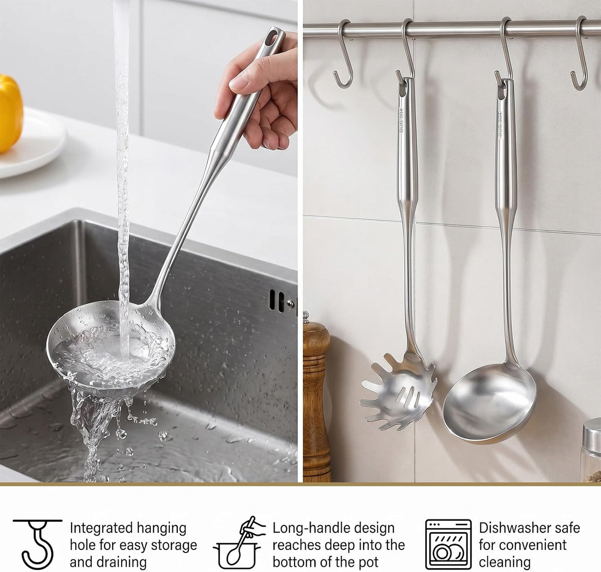 304 Stainless Steel Soup Ladle and Spaghetti Spoon Set, Large Ladle Spoon, Pasta Strainer, Thickened Metal SoupLadle and Spaghetti Spoons for Cooking, Stirring, Serving Pasta, Soup and Sauce