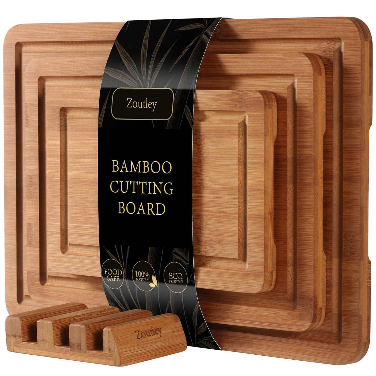 3-Piece Deep Carbonized Bamboo Cutting Board Set with Vertical Drying Stand | Wooden Chopping Boards for Kitchen | Extra Deep Juice Grooves & Easy-Carry Side Handles | Gift-Ready