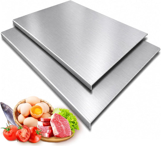 2PCS Large Stainless Steel Cutting Boards with Lip, Kneading Cutting Board Mats, Metal Cutting Board for Meat, Fruits, Vegetables, Bread, Baking, Non Adhesive (19.75" x 15.75", 15.75" x 11.5")