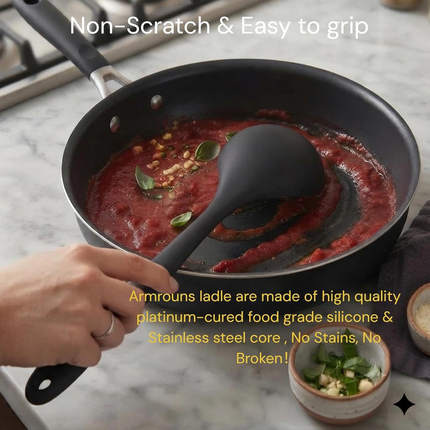 12" Silicone Ladle Spoon Set of 2, Long handle soup spoons Seamless & Nonstick, Heat resistant 600 °F Kitchen Soup Ladles for Cooking.