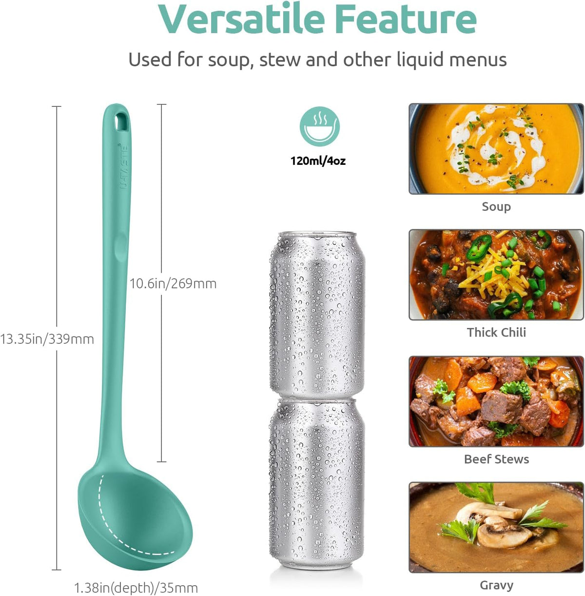 13 inch Silicone Soup Ladle: U-Taste 600ºF Heat Resistant 4 oz Large Non-stick Seamless Rubber Kitchen Deep Serving Spoon with Non-slip Solid Long Handle for Cooking Sauce/Stews/Gravies (Aqua Sky)