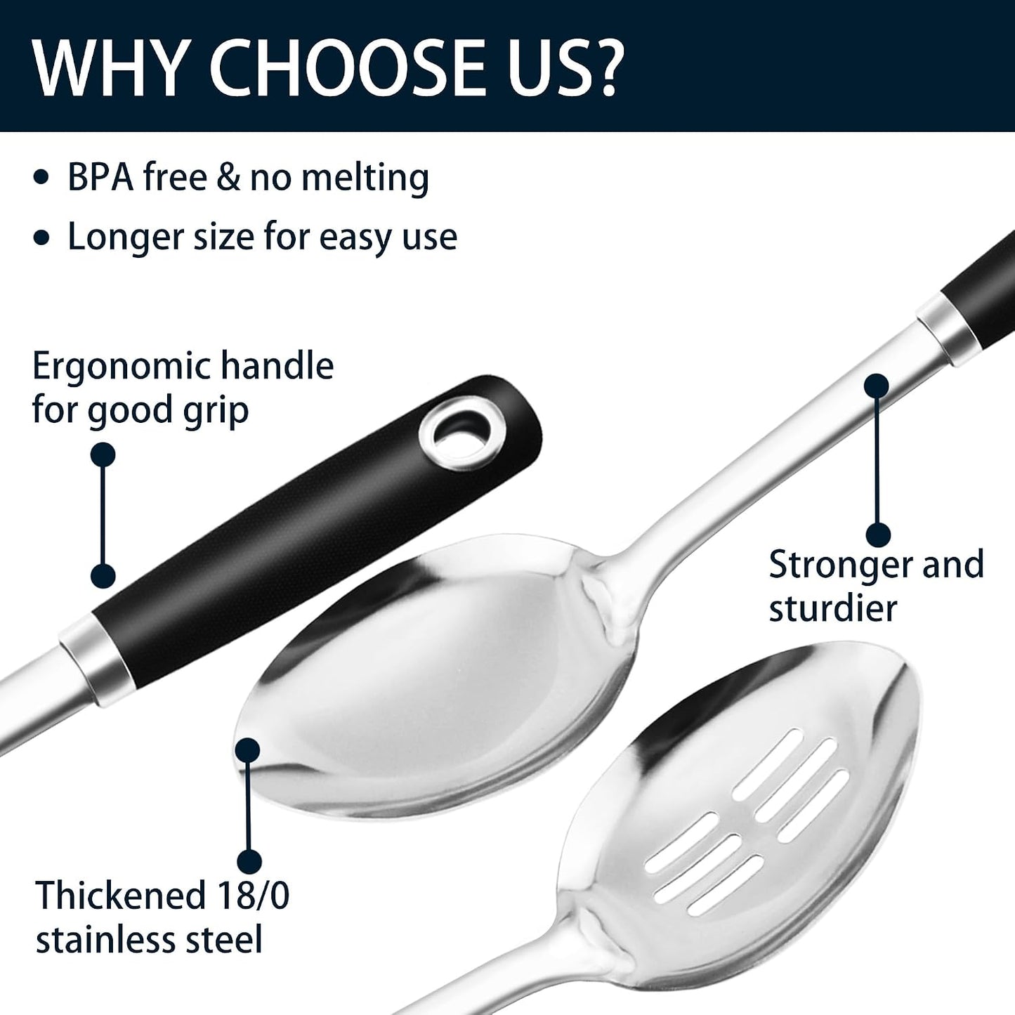 14-in Cooking Spoons Set, Heavy Duty 18/0 Stainless Steel Large Serving Spoons Set, Slotted Spoon, Cooking Spoon & Soup Ladle, Commercial and Residential Use, Pack of 3