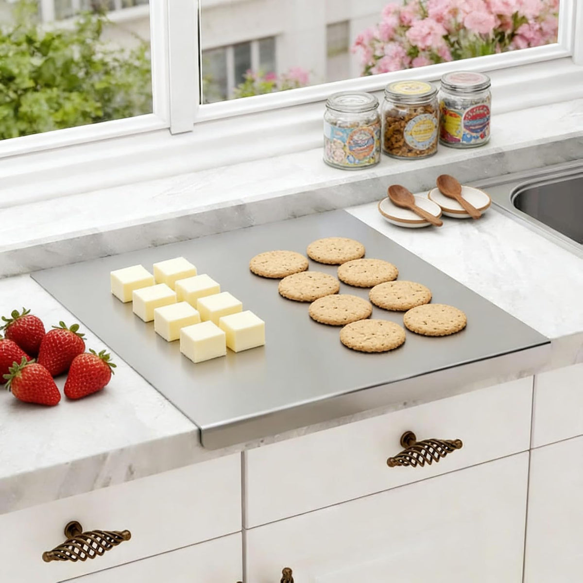 16 × 11 Inch Stainless Steel Cutting Board for Kitchen, Metal Cutting Board Lip Non-Slip Dishwasher Safe Double-Sided Use for Suitable for Meat, Fruits, Vegetables, Bread