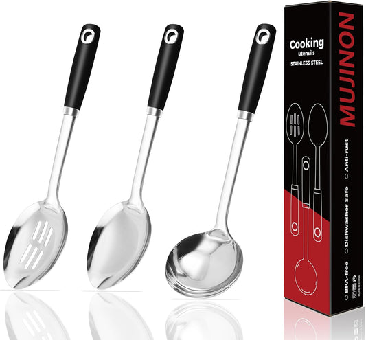14-in Cooking Spoons Set, Heavy Duty 18/0 Stainless Steel Large Serving Spoons Set, Slotted Spoon, Cooking Spoon & Soup Ladle, Commercial and Residential Use, Pack of 3