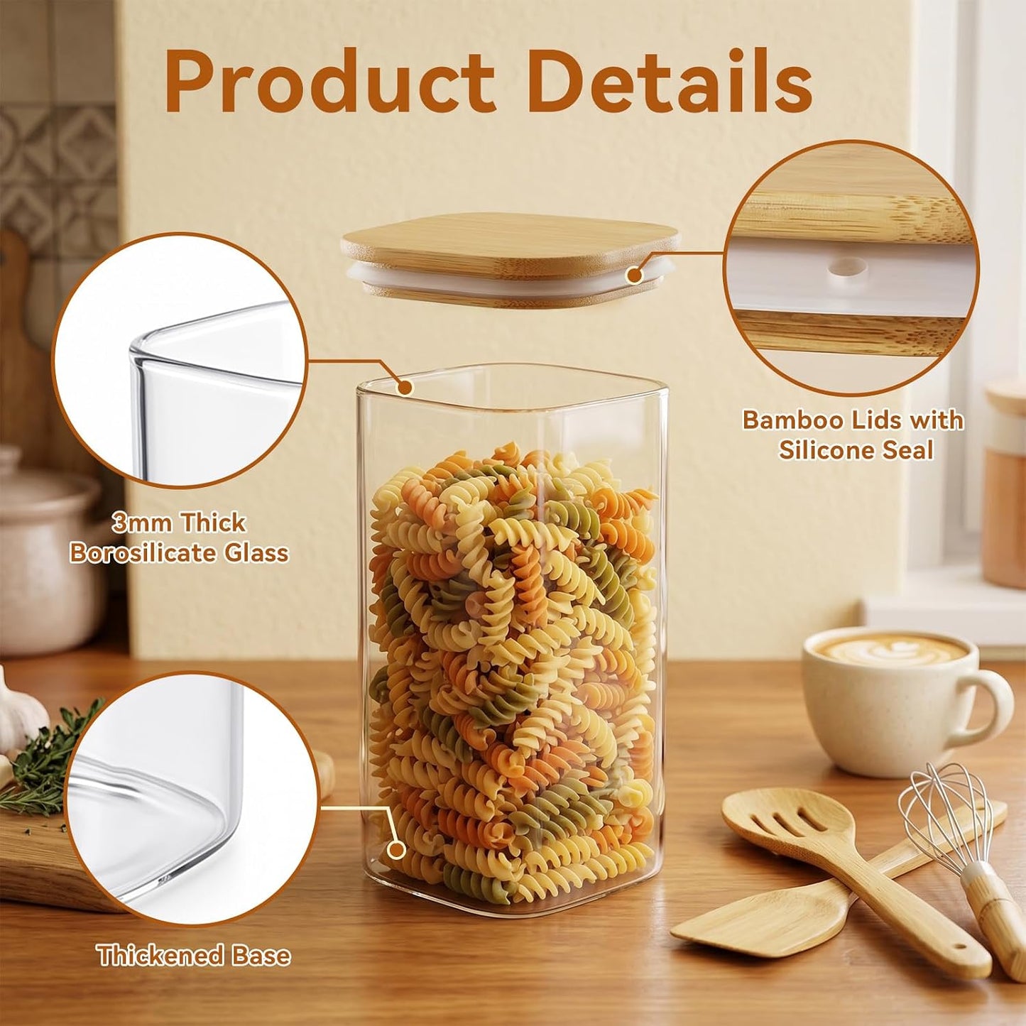 2PCS Glass Storage Containers with Lids, Airtight Pantry Storage Containers Glass Jars Kitchen Canisters, Flour Sugar Coffee Food Storage Dishwasher Safe (1.16Qt*1/2.11Qt*1)