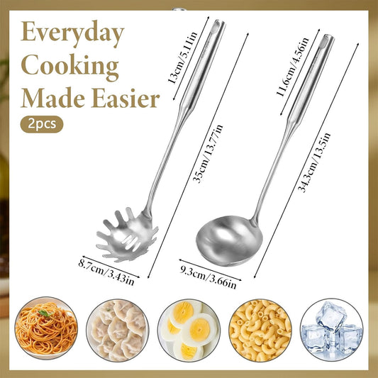 304 Stainless Steel Soup Ladle and Spaghetti Spoon Set, Large Ladle Spoon, Pasta Strainer, Thickened Metal SoupLadle and Spaghetti Spoons for Cooking, Stirring, Serving Pasta, Soup and Sauce