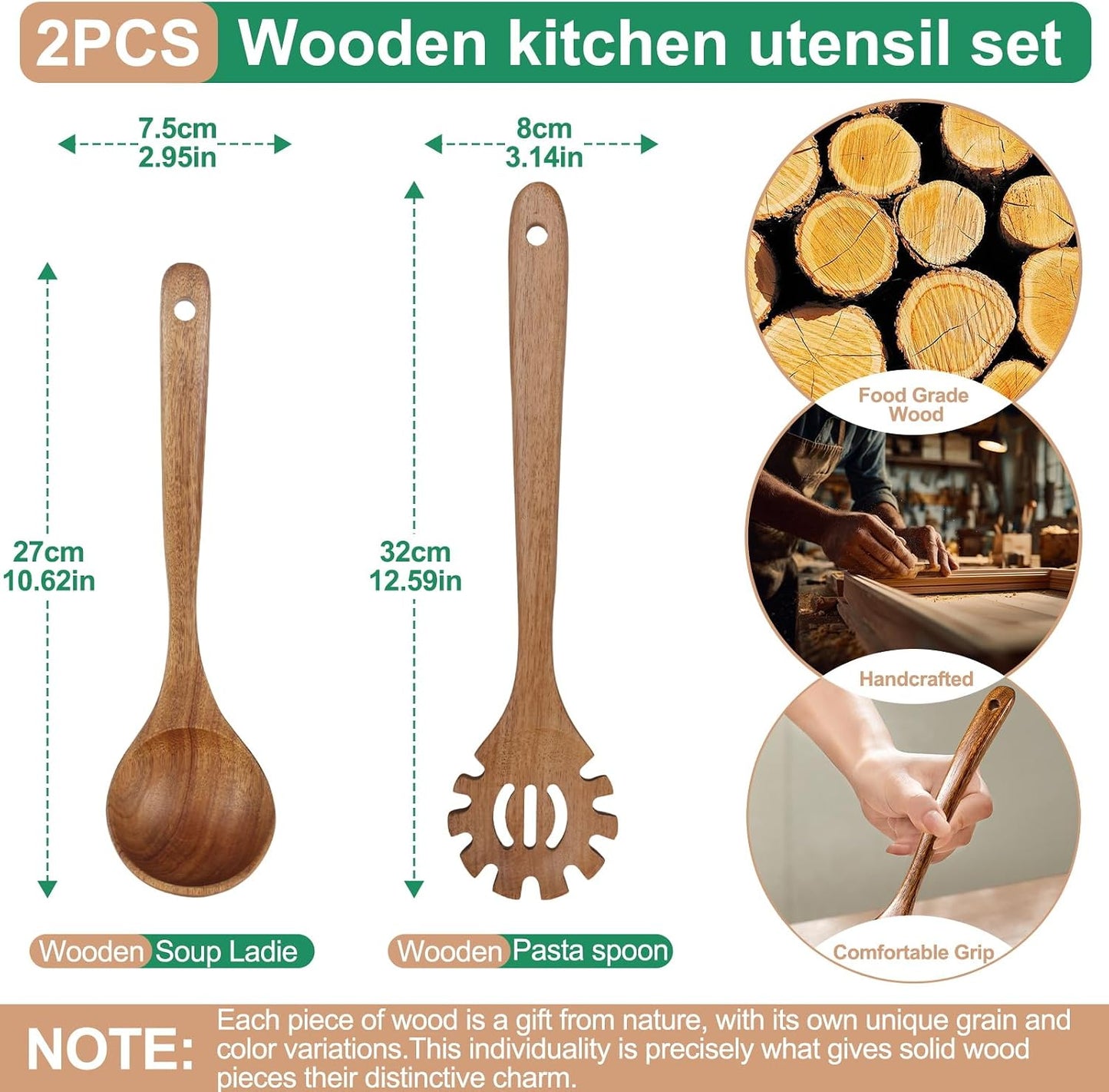 2-Piece Soup Ladle Pasta Spoon Set, Wooden Ladles for Cooking
