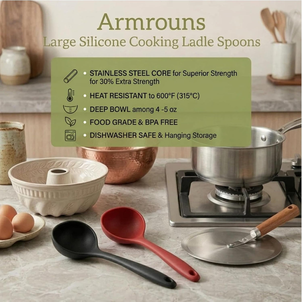 12" Silicone Ladle Spoon Set of 2, Long handle soup spoons Seamless & Nonstick, Heat resistant 600 °F Kitchen Soup Ladles for Cooking.