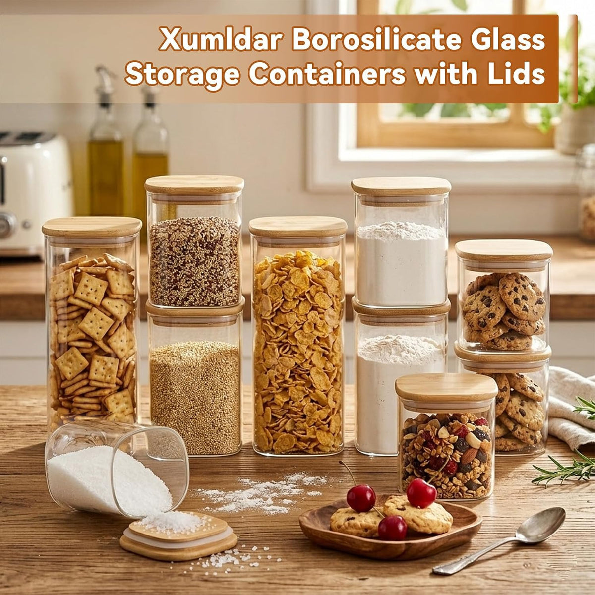 2PCS Glass Storage Containers with Lids, Airtight Pantry Storage Containers Glass Jars Kitchen Canisters, Flour Sugar Coffee Food Storage Dishwasher Safe (1.16Qt*1/2.11Qt*1)
