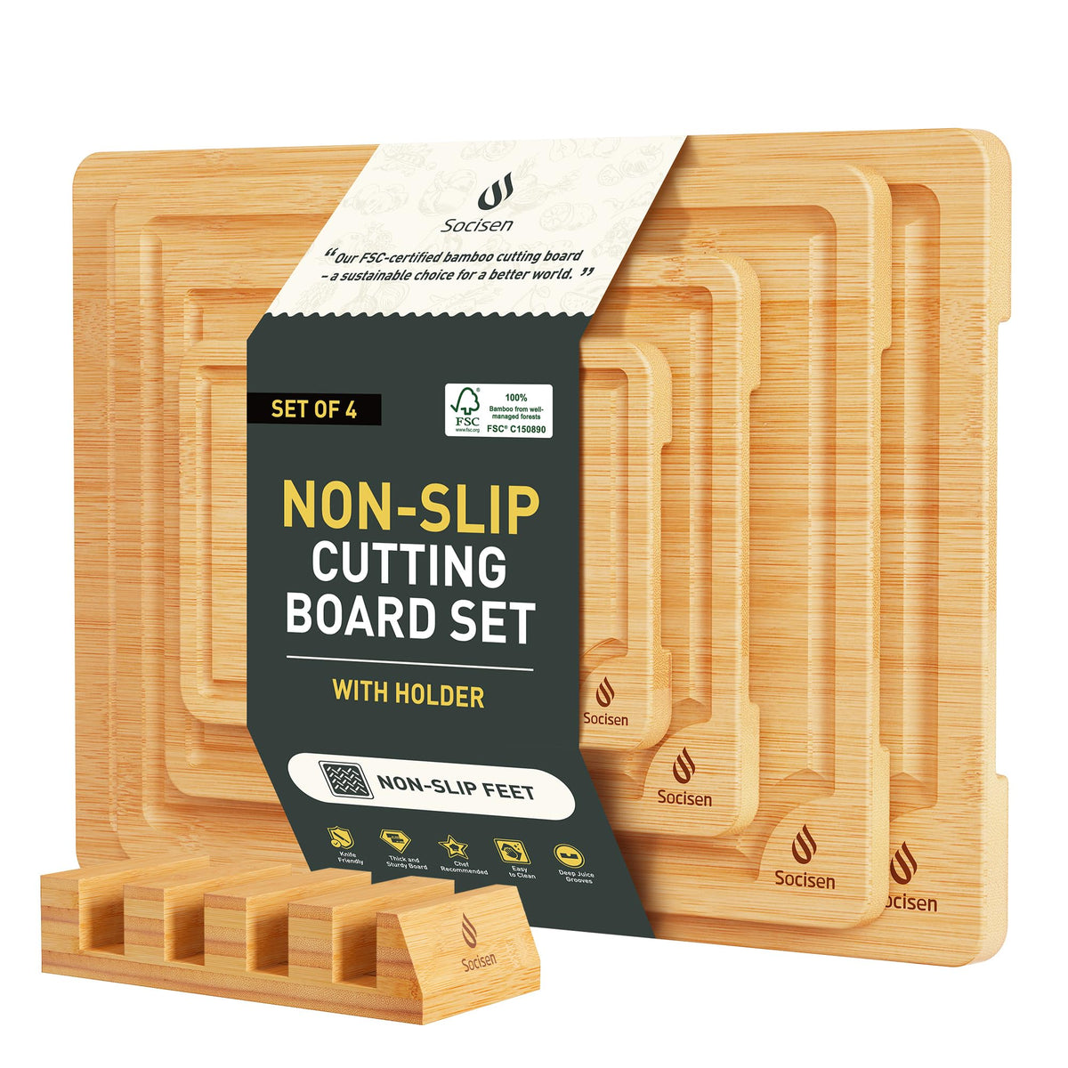 3 Packs Bamboo Cutting Board Set with Non Slip Feet Holder and Over Sink Nice Solid Thick Wood Juice Groove Chopping Board Extra Large Big Small Best Hardwood Kitchen Organic Vegetable Meat BBQ Kit