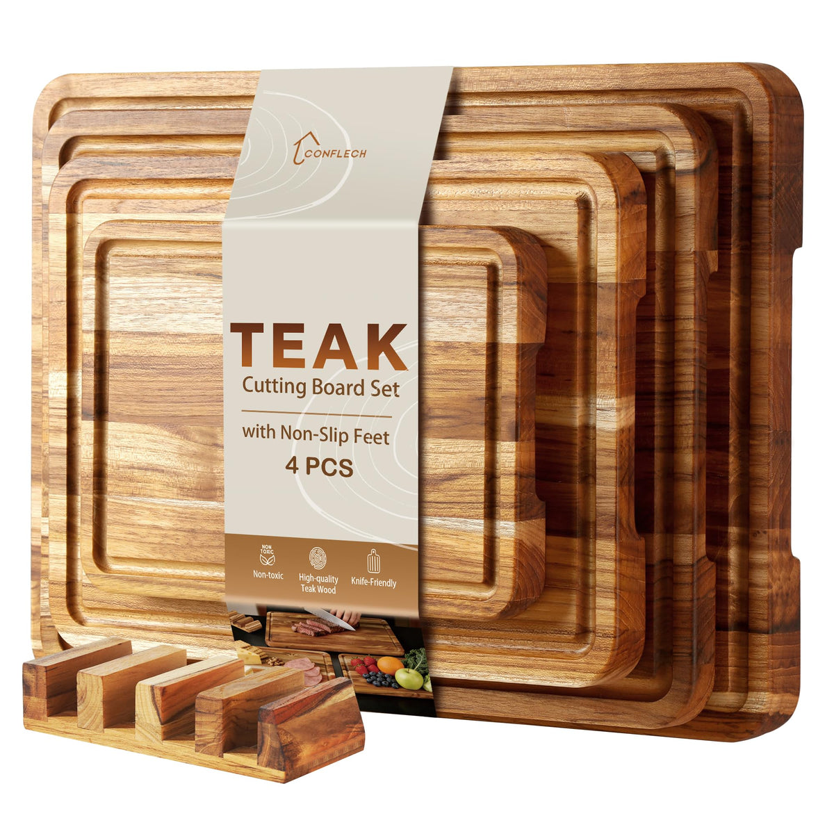 3 Pack Teak Cutting Board Set for Kitchen Wood Charcuterie Board with Juice Groove Wooden Cutting Boards Non Toxic Heavy Duty Slip Over Sink Solid Thick Chopping Board FSC