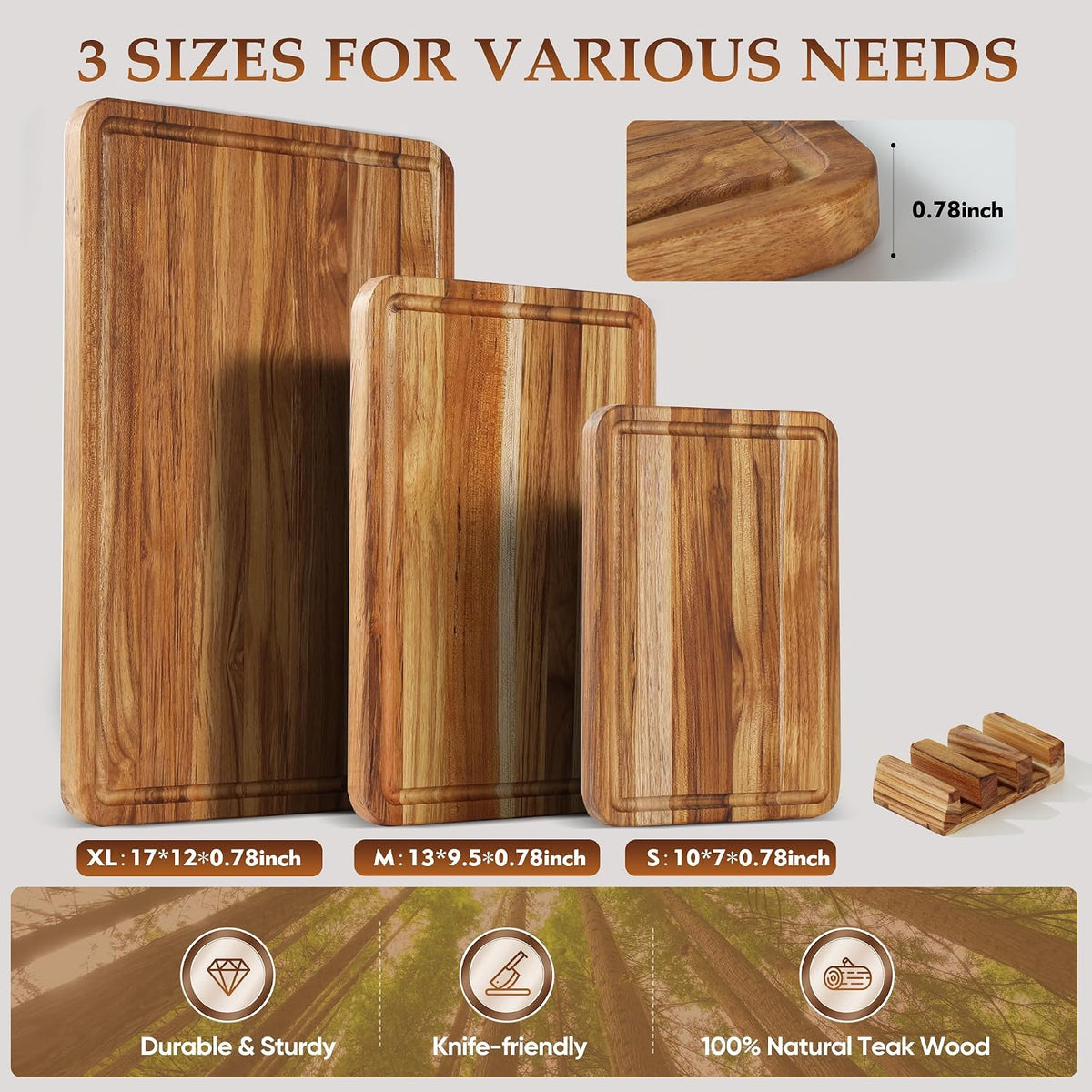3 Pack Teak Cutting Board Set for Kitchen Wood Charcuterie Board with Juice Groove Wooden Cutting Boards Non Toxic Heavy Duty Slip Over Sink Solid Thick Chopping Board FSC