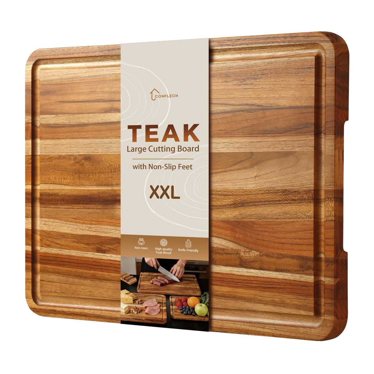 3 Pack Teak Cutting Board Set for Kitchen Wood Charcuterie Board with Juice Groove Wooden Cutting Boards Non Toxic Heavy Duty Slip Over Sink Solid Thick Chopping Board FSC