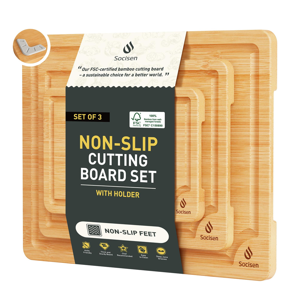3 Packs Bamboo Cutting Board Set with Non Slip Feet Holder and Over Sink Nice Solid Thick Wood Juice Groove Chopping Board Extra Large Big Small Best Hardwood Kitchen Organic Vegetable Meat BBQ Kit