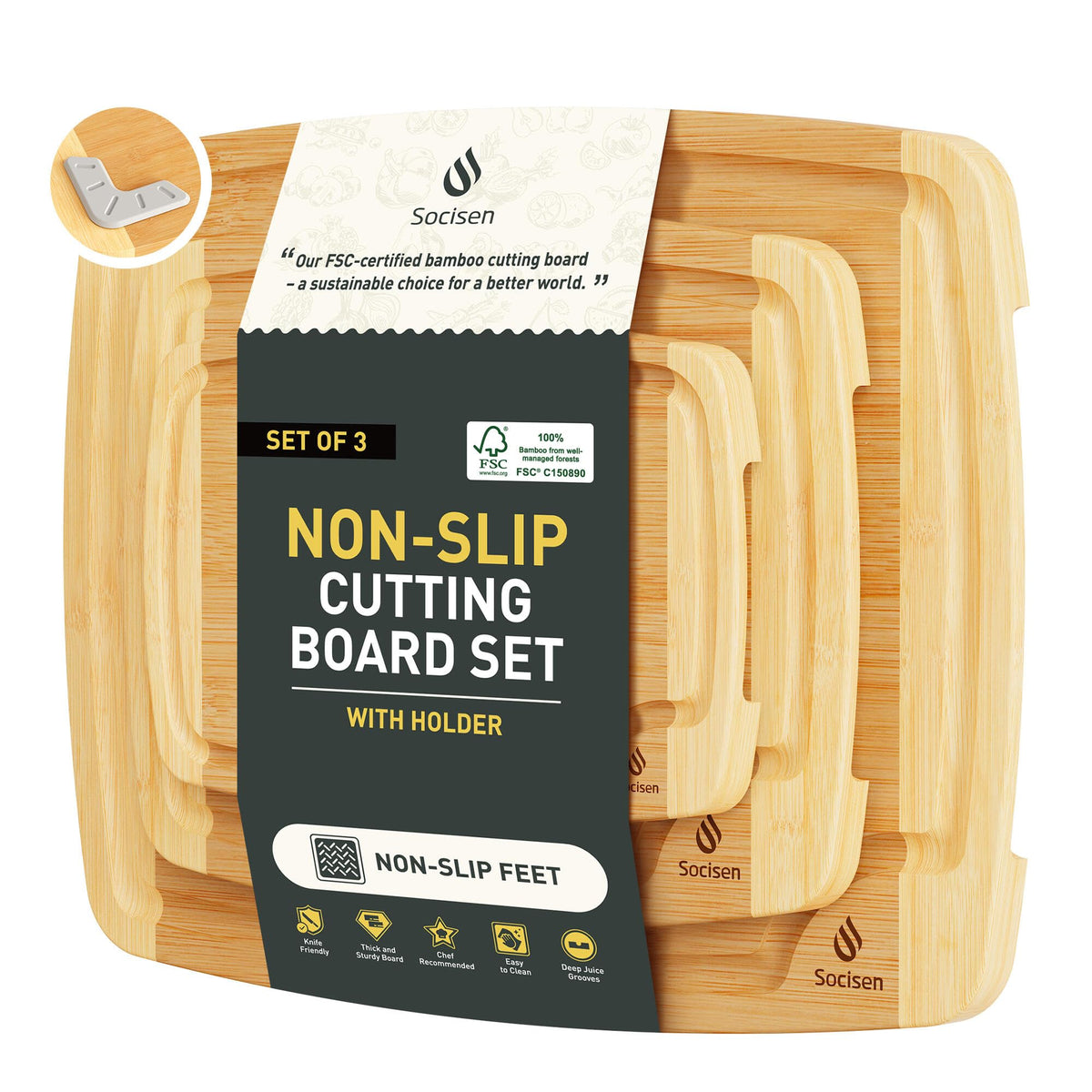 3 Packs Bamboo Cutting Board Set with Non Slip Feet Holder and Over Sink Nice Solid Thick Wood Juice Groove Chopping Board Extra Large Big Small Best Hardwood Kitchen Organic Vegetable Meat BBQ Kit