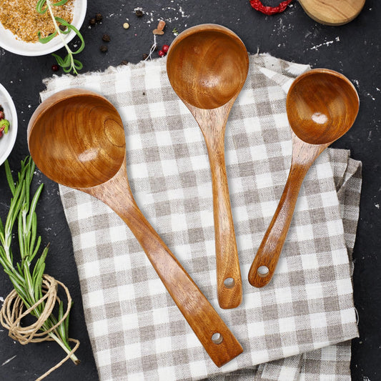 3Pcs Wooden Ladles Serving Spoon Non Toxic Soup Ladle Wood Cooking Spoons
