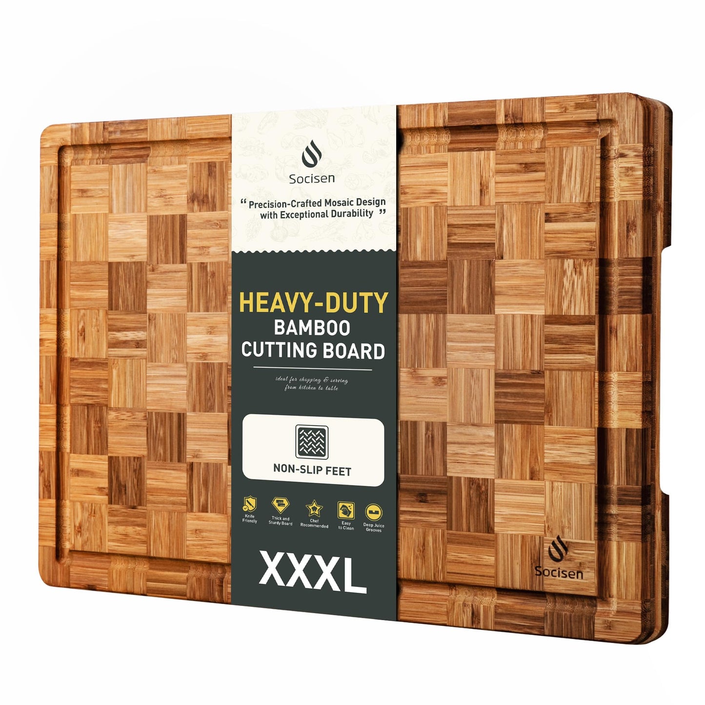 3 Pack Heavy Duty Bamboo Cutting Board Set Non Toxic Wooden Cutting Board for Kitchen Non Slip Solid End Grain Thick Wood Juice Groove Chopping Board Extra Large Butcher Block Best House Warming Gift