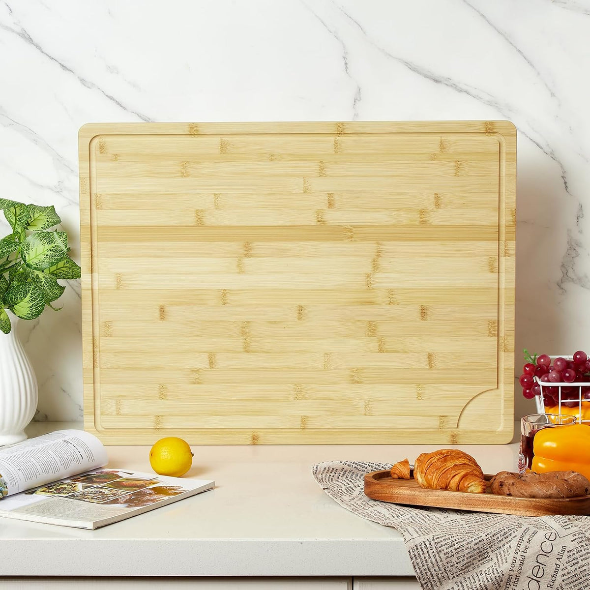 24"X18" Bamboo Cutting Boards for Kitchen, Extra Large Wood Cutting Board with Deep Juice Groove & Handle