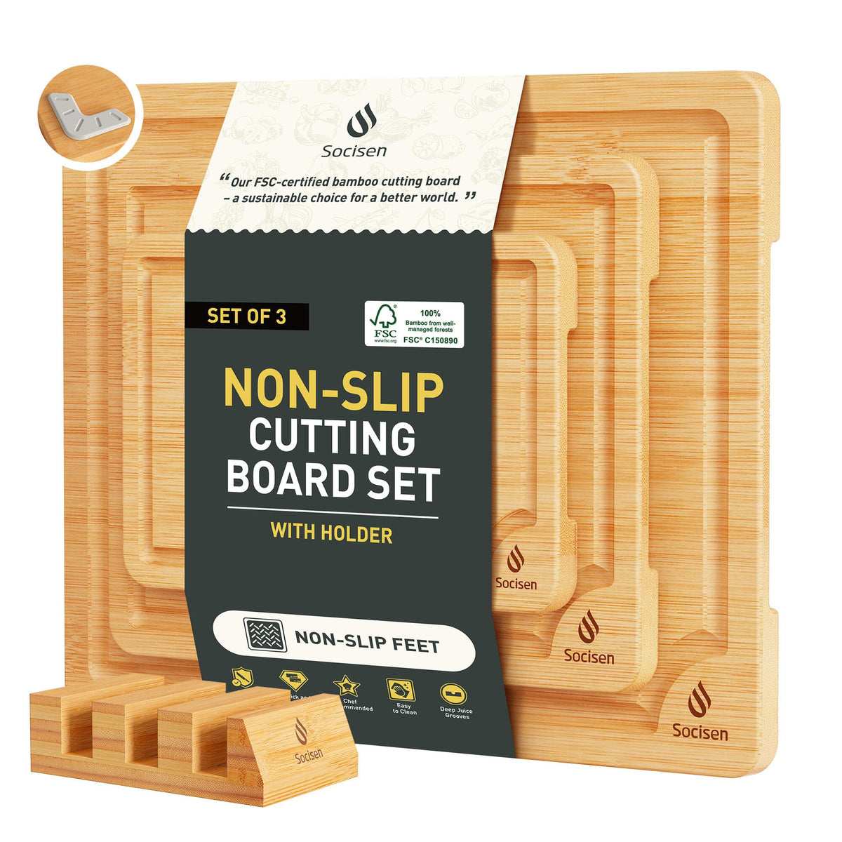 3 Packs Bamboo Cutting Board Set with Non Slip Feet Holder and Over Sink Nice Solid Thick Wood Juice Groove Chopping Board Extra Large Big Small Best Hardwood Kitchen Organic Vegetable Meat BBQ Kit