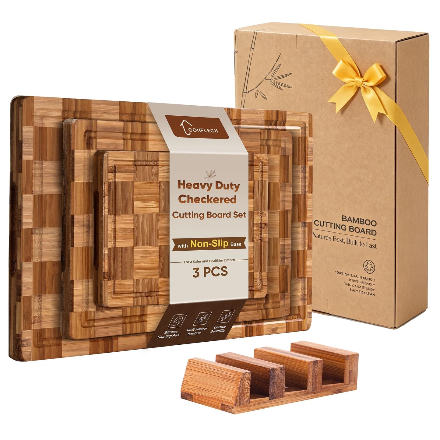 3 Pack Teak Cutting Board Set for Kitchen Wood Charcuterie Board with Juice Groove Wooden Cutting Boards Non Toxic Heavy Duty Slip Over Sink Solid Thick Chopping Board FSC