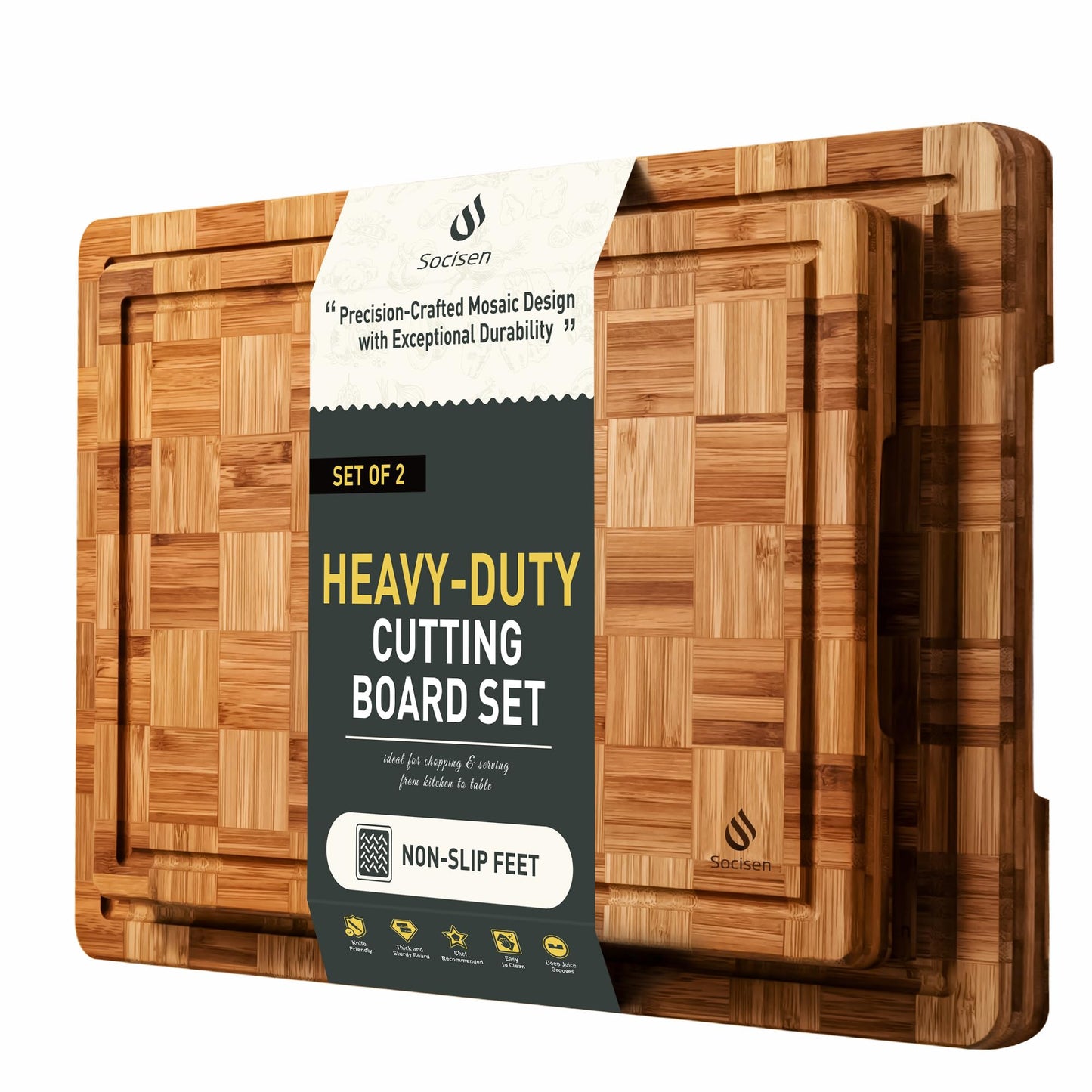 3 Pack Heavy Duty Bamboo Cutting Board Set Non Toxic Wooden Cutting Board for Kitchen Non Slip Solid End Grain Thick Wood Juice Groove Chopping Board Extra Large Butcher Block Best House Warming Gift